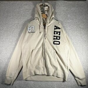 Y2K men's Aeropostale cream/tan zip up stitched hoodie Size L